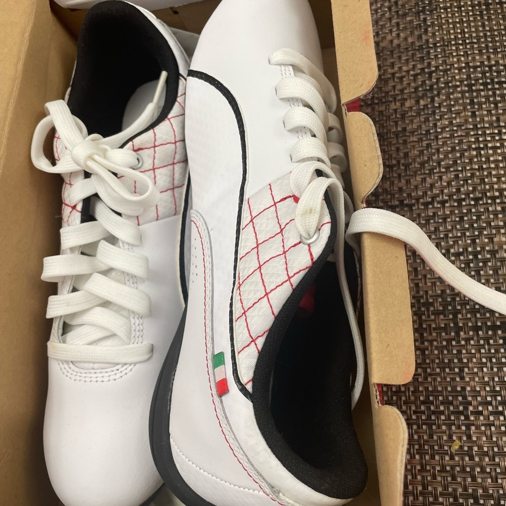 White Quilted Lace-Up Sneakers with Red Stitching